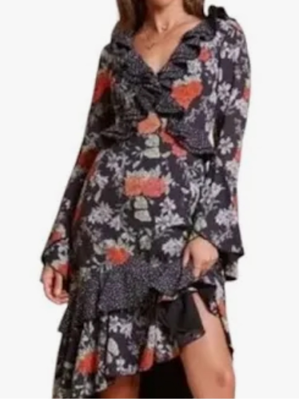 Finders Keepers Black Floral polka dot ruffle trim Astral midi Dress - Picture 2 of 9